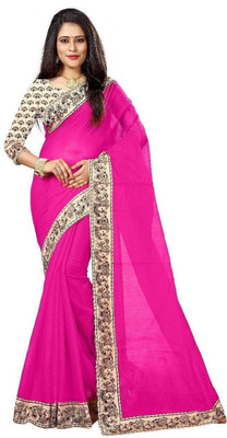 ROOP SUNDARI SAREES Dyed, Solid/Plain Chanderi Cotton Blend Saree(Pink)