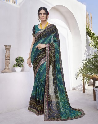 YASHIKA Printed Bandhani Georgette, Lace Saree(Blue)