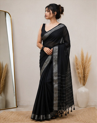 SRINJAN FASHION Solid/Plain Daily Wear Handloom Cotton Linen Saree(Black)