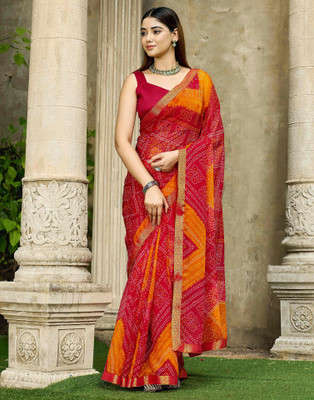 Samah Printed Bandhani Chiffon, Georgette Saree(Orange, Maroon)