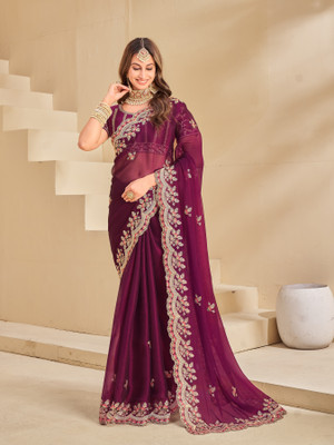 Sariya Embroidered Kalamkari Organza Saree(Purple)