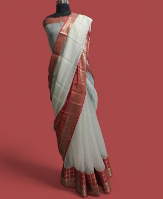 Zainab creation Self Design Handloom Organza, Cotton Blend Saree(White, Red)