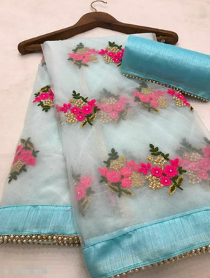 vallavi fashion Embroidered Bollywood Net Saree(Light Blue)