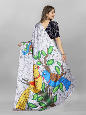 INITHI Digital Print Bollywood Crepe Saree(White)