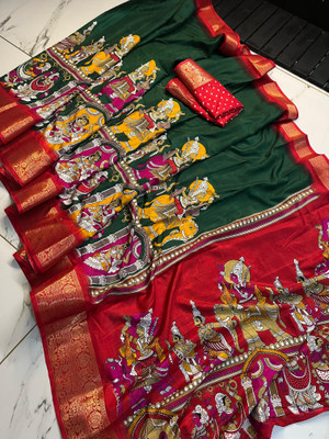 sadika Woven Mekhela Chador Silk Blend Saree(Green, Red)