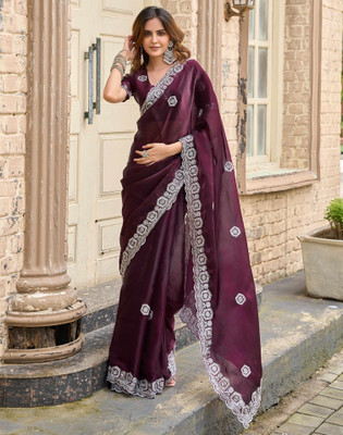 Satrani Embroidered, Embellished Bollywood Jimmy choo, Tissue Saree(Purple)