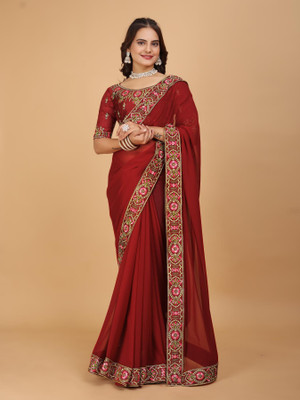 DRIZOMIZ Embroidered Bollywood Georgette Saree(Maroon)