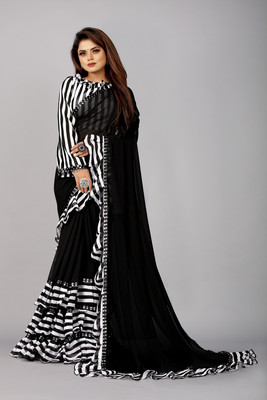 Mandani & Co. Striped Bollywood Georgette, Chiffon Saree(Black)