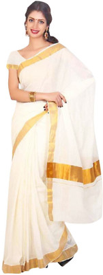 Gugaliya Solid/Plain Bollywood Pure Cotton Saree(Cream)