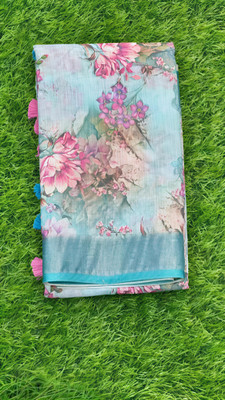 Marabout Digital Print Bollywood Cotton Linen Saree(Light Blue)