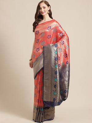 Saanjh Floral Print Saree with Attached Blouse Silk Blend Saree(Red)