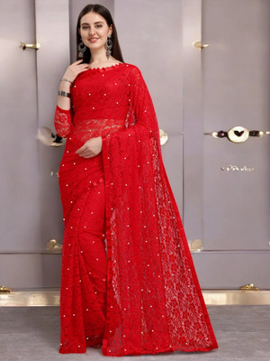 NORAFLEX Embroidered Bollywood Net Saree(Red)