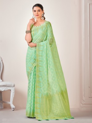 Divastri Printed Banarasi Cotton Blend Saree(Light Green)