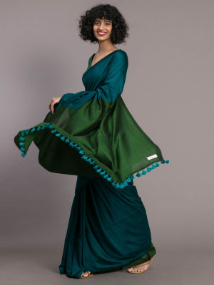 Sudipa Solid/Plain Handloom Cotton Blend, Cotton Linen Saree(Dark Green)