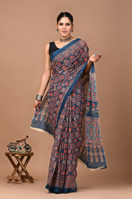 Crafts Moda Floral Print Handloom Pure Cotton Saree(Dark Blue)