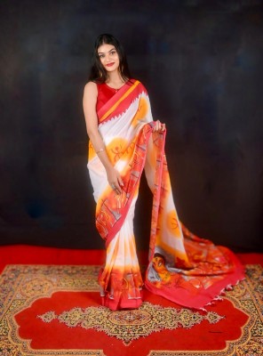 Rp saree center Printed Handloom Cotton Blend Saree(Multicolor)