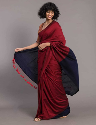 Binay textile Color Block Handloom Cotton Silk Saree(Red)