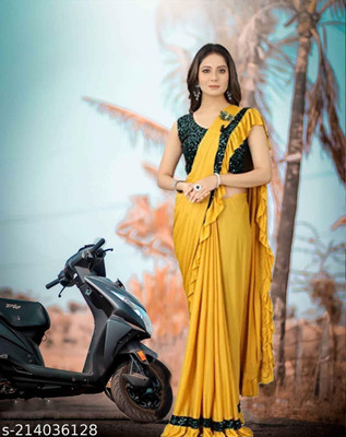 WOSTON Solid/Plain Bollywood Lycra Blend Saree(Yellow)
