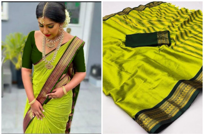 KHODALSAREEFEB Solid/Plain Banarasi Art Silk Saree(Light Green)