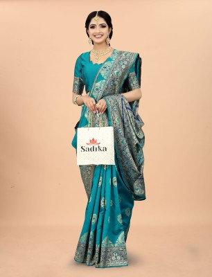 sadika Woven, Floral Print Dharmavaram Pure Silk, Satin Saree(Light Green)