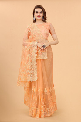 SILK SAREE HUB Embroidered Bollywood Net Saree(Orange)