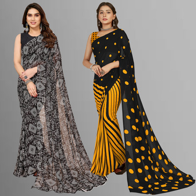 Anand Sarees Floral Print, Polka Print, Ombre, Printed Bollywood Georgette Saree(Pack of 2, Yellow, Black)
