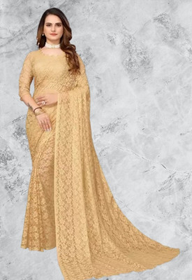Fashion Field Solid/Plain Bollywood Net Saree(Cream)