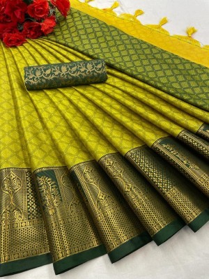 Apnisha Self Design Banarasi Cotton Silk Saree(Light Green, Yellow)
