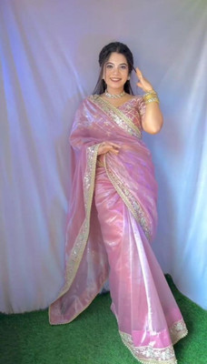 ShivGori Embroidered Bollywood Tissue, Silk Blend Saree(Pink)