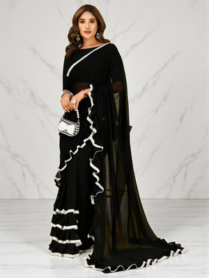 fFASHION Solid/Plain Bollywood Georgette Saree(Black)