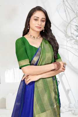 Aarunika LGF Solid/Plain, Striped Bollywood Organza Saree(Blue, Green)