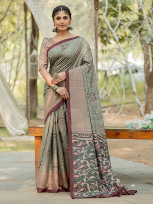 Divastri Printed Hand Batik Silk Blend Saree(Light Green)