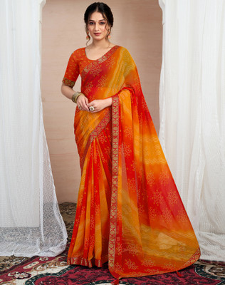 Divastri Printed, Embellished Bandhani Chiffon, Georgette Saree(Yellow, Orange)