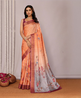 Janasya Printed, Floral Print Chanderi Silk Blend Saree(Beige)