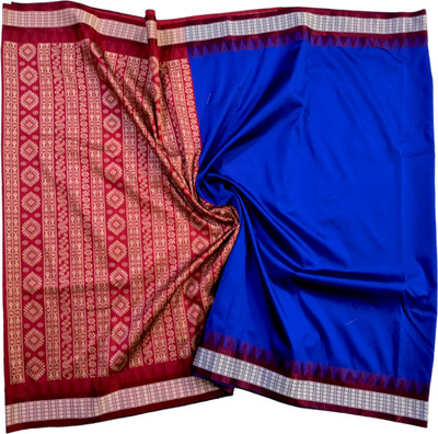 Hathkargha Solid/Plain, Temple Border Sambalpuri Silk Blend Saree(Blue)