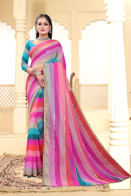 blendza Striped Bollywood Georgette, Chiffon Saree(Multicolor)