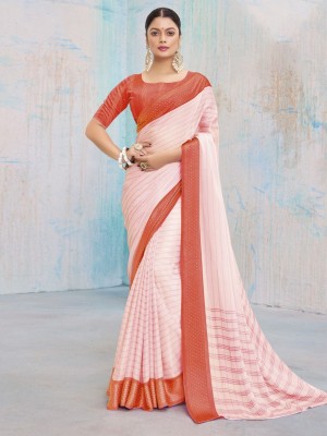 ANOUK Striped Banarasi Chiffon Saree(Pink)