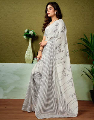 Samah Floral Print, Printed, Embellished Bollywood Linen Saree(Black, White)