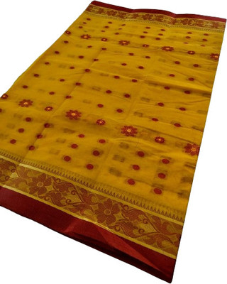 kunduhouse Striped Tant Pure Cotton Saree(Yellow)