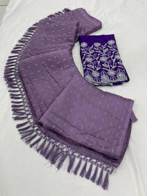 Dori Embellished, Embroidered Bollywood Silk Blend, Chiffon Saree(Purple)