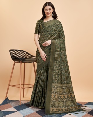 RekhaManiyar Digital Print Handloom Silk Blend Saree(Dark Green)