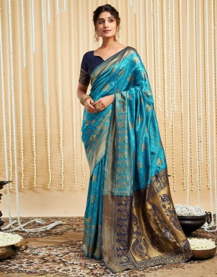 Samah Woven, Embellished, Self Design Kanjivaram Silk Blend, Jacquard Saree(Blue, Dark Blue)