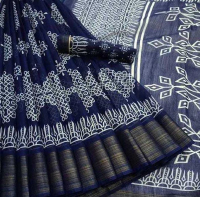 khial Printed Ikkat Cotton Blend Saree(Blue)
