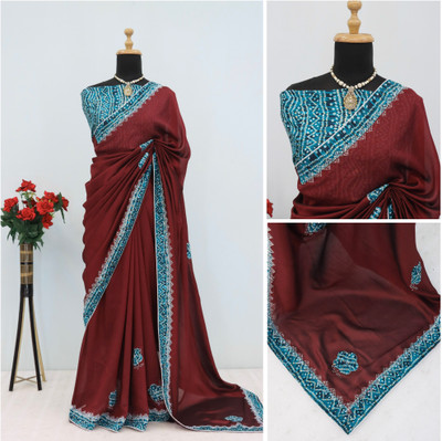 CHAMUNDA CREATION Embroidered Bollywood Silk Blend Saree(Maroon)
