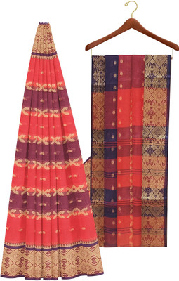 PRANATI ENTERPRISE Self Design, Woven Tant Cotton Blend Saree(Orange, Dark Blue)