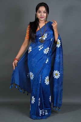CommonHouseee Printed Handloom Cotton Blend Saree(Blue)