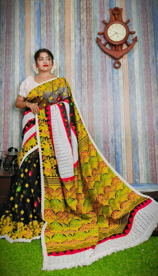 LDma Printed Jamdani Cotton Silk Saree(Yellow, Black)