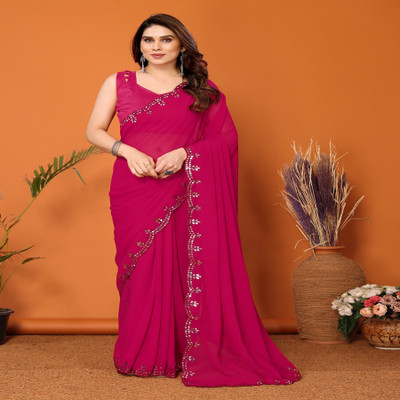 KSNDVTrendz Solid/Plain, Embroidered Bollywood Georgette Saree(Pink)