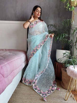 ANOUK Embroidered Saree with Attached Blouse Organza Saree(Blue)