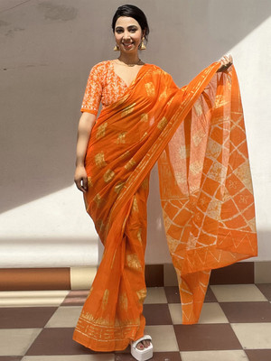 Divastri Printed Hand Batik Cotton Blend Saree(Orange)